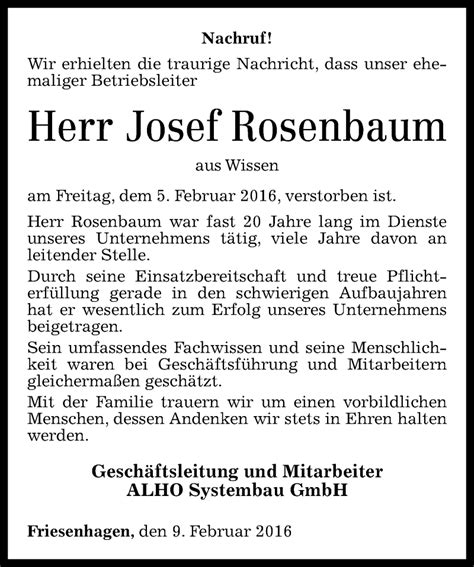 Traueranzeigen Von Josef Rosenbaum Rz Trauer De