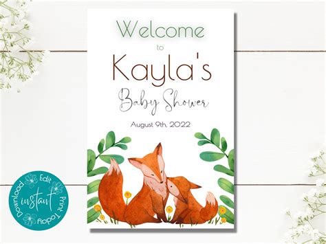 Editable Fox Baby Shower Welcome Sign Template Forest Animal Baby