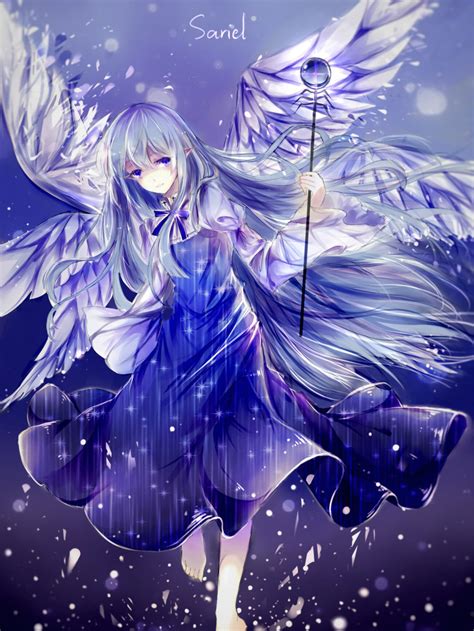 Safebooru 1girl Angel Wings Barefoot Blue Eyes Blue Hair Character