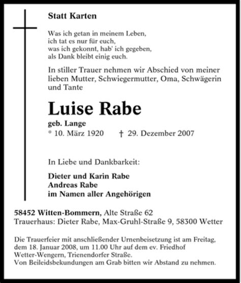 Traueranzeigen Von Luise Rabe Trauer In NRW De