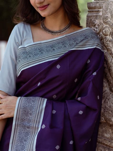 Handwoven Purple Kanjeevaram Silk Saree With Grey Border Tulsi Weaves