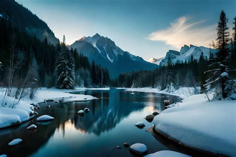 Premium AI Image | a mountain lake in the snow