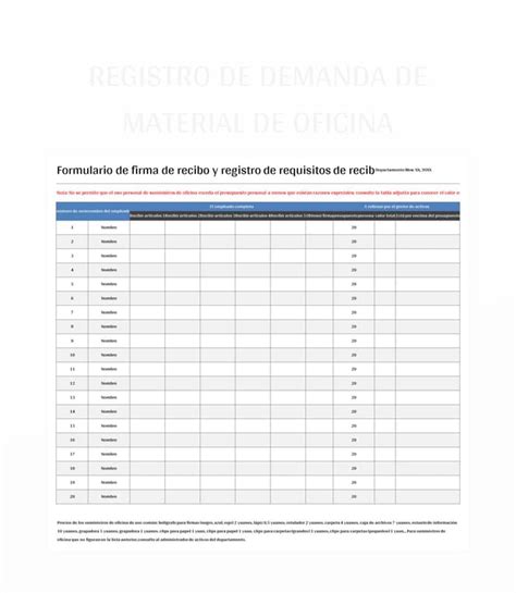 Plantilla De Excel Registro De Demanda De Material De Oficina Y Hoja De