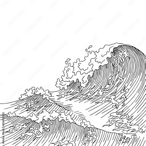 Sea wave graphic art surf black white landscape sketch illustration ...