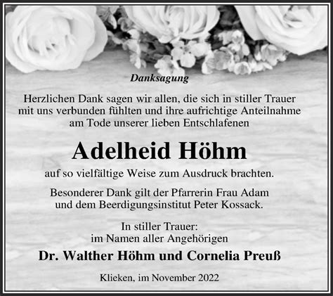 Traueranzeigen Von Adelheid H Hm Abschied Nehmen De