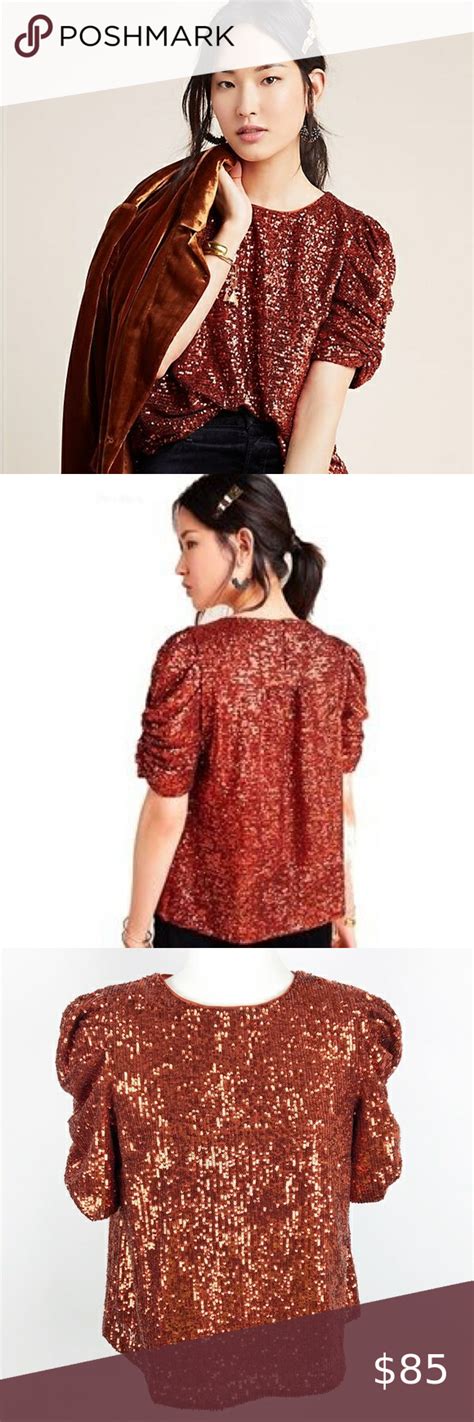 New Anthro Marie Sequined Blouse Copper Size 6 Floral Short Sleeve