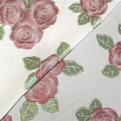 Crêpe envers satin de soie jacquard Bouquet de rose rouge vert