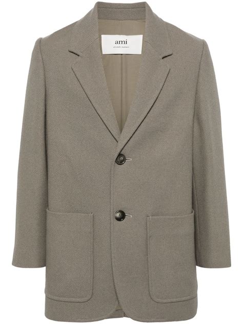 AMI Paris Single Breasted Virgin Wool Blend Blazer Grey FARFETCH