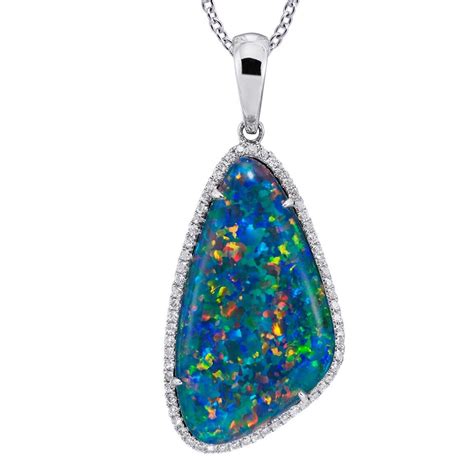 Natural Opal Pendant Necklace K White Gold Genuine Diamonds