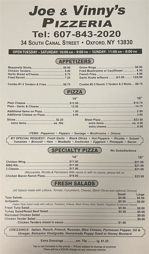 Online Menu Of Joe And Vinnys Pizzeria Restaurant Oxford New York