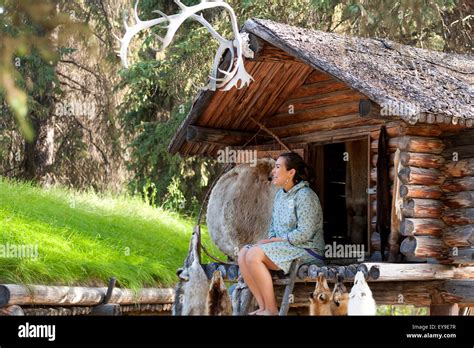 Log Cabin,Woman,Tour Guide,Alaskan Native Stock Photo - Alamy