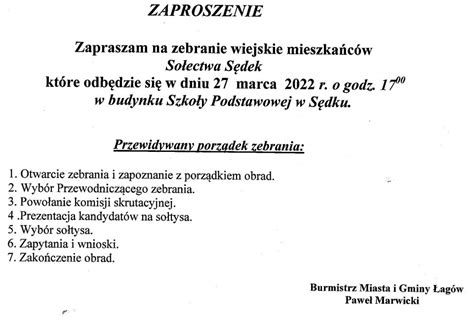 Zaproszenie na zebranie wiejskie w Sędku Aktualności Gmina Łagów