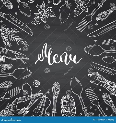 Vector Menu Background On Black Chalkboard Illustration With Hand Drawn