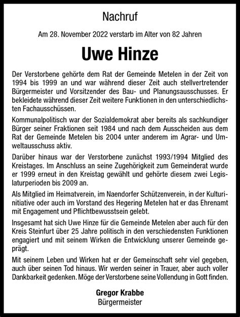 Traueranzeigen Von Uwe Hinze Trauer Ms