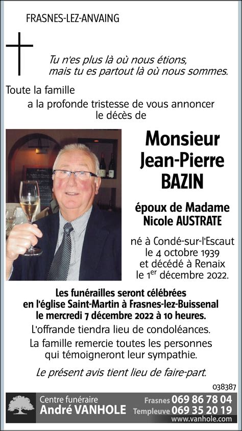 Jean Pierre BAZIN 01 12 2022 Avis nécrologique lavenir net