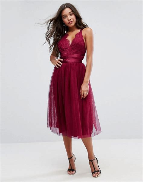 Asos Premium Lace Top Tulle Midi Prom Dress With Ribbon Ties Pink Footballeur