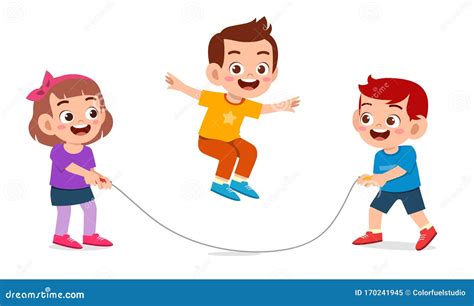 Happy Cute Kid Boy and Girl Play Jump Rope Stock Vector - Illustration ...