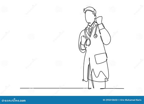 Continuous One Line Drawing Of Young Happy Male Doctor Fist His Hands