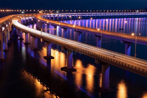 Night View of Light Trails on the Dalian Bridge in China Stock Photo ...