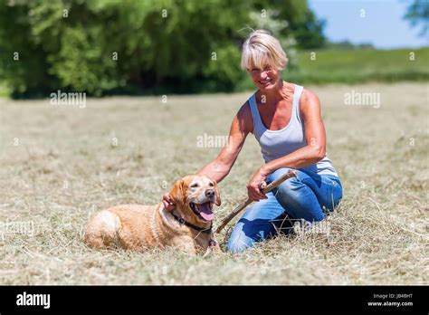 Femme Mature Avec Son Chien Dans Le Champ Banque De Photographies Et D