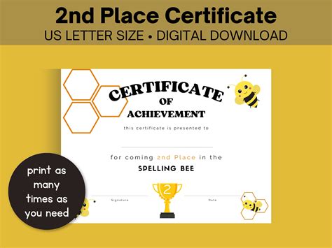 Printable Spelling Bee Certificate 1st 2nd 3rd Place And Participation School Spelling Test