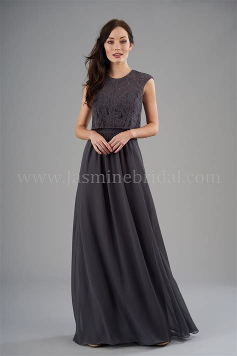 B203061 Jewel Neckline Lace Poly Chiffon Long Bridesmaid Dress