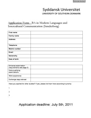 Fillable Online Uni Flensburg Application Form Ba In Modern