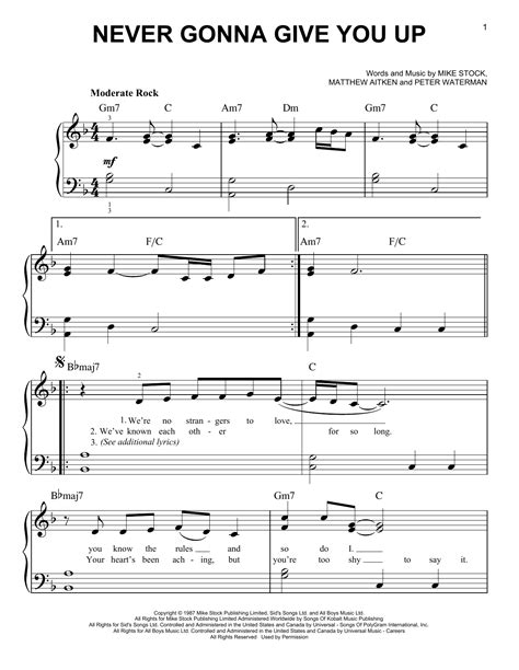 Rick Astley Never Gonna Give You Up Easy Piano Sheet Music Sheet