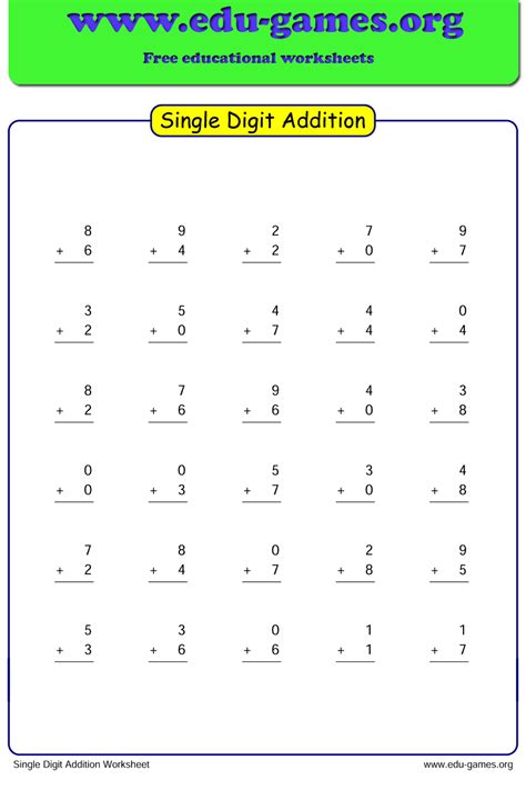 Single Digit Addition Worksheets