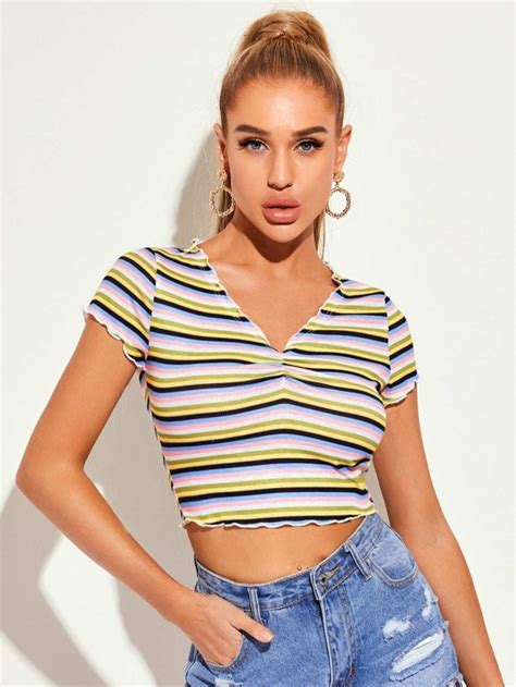 Shein V Neck Lettuce Trim Striped Colorblock Tee