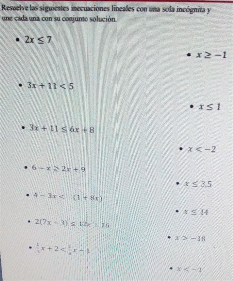 Resuelve Las Siguientes Inecuaciones Lineales Con Una Sola Incógnita Y Une Cada Una Con Su