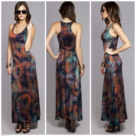 Boho Hippie Tie Dyed Racerback Maxi Dress Long Length Blue Orange Jade Jersey Ebay Boho Chic