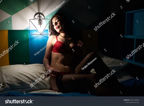 Sexy Brunette Red Lingerie Laying On Stock Photo Shutterstock