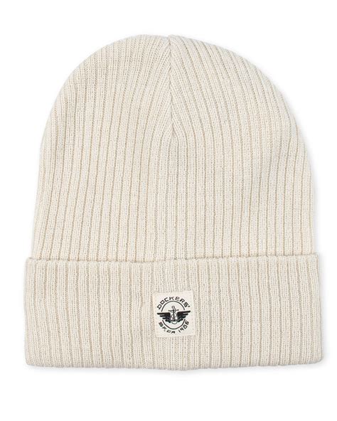 Front View Of Cream Recycled Double Knit Ribbed Beanie W Woven