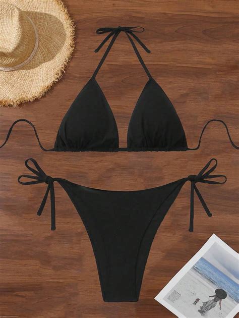 SHEIN Swim Curve Summer Beach Plus Size Solid Color Triangle Cup Bikini Set With Tie Knot Detail