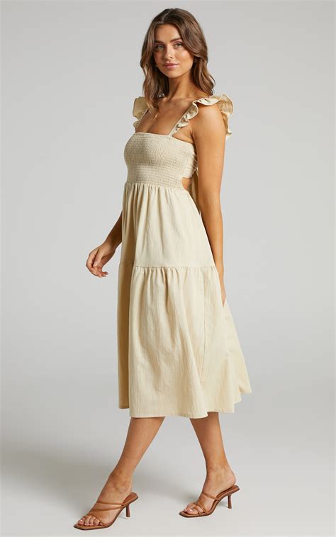 Angela Shirred Bodice Frill Strap Midi Dress In Cream Showpo