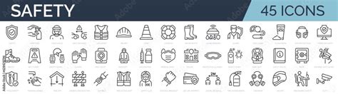 Set of 45 outline icons related to safety. Linear icon collection ...