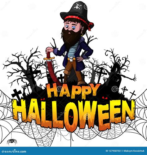 Happy Halloween Design Template With Pirate On White Isolated