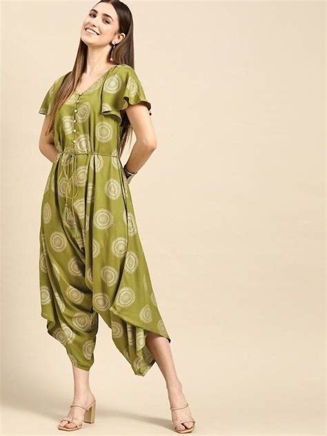 Olive Green And Golden Ethnic Motifs Printed Jumpsuit Indian Jumpsuit