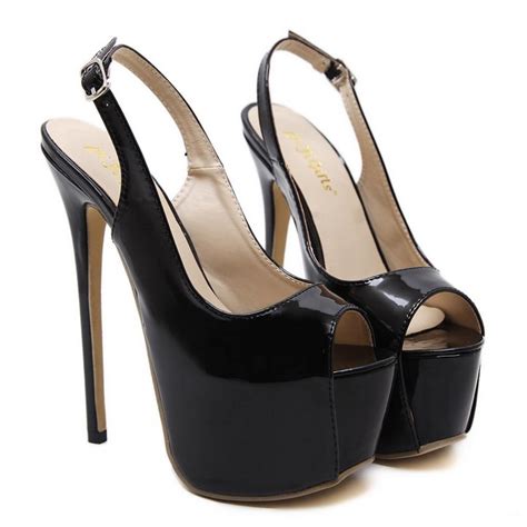 Black Patent Sexy Peep Toe Slingback Platforms Super High ...