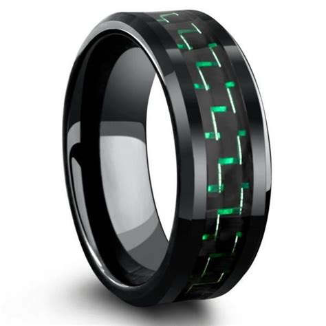 Mens Black Tungsten Wedding Band With Green And Black Carbon Fiber