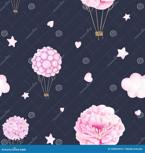 Watercolor Baby Seamless Pattern With Pink Hot Air Balloon Flowers
