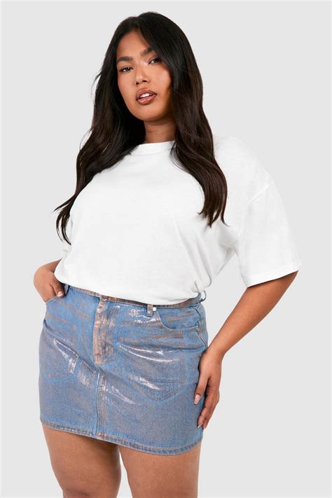 Plus Iridescent Metallic Denim Mini Skirt Boohoo Uk
