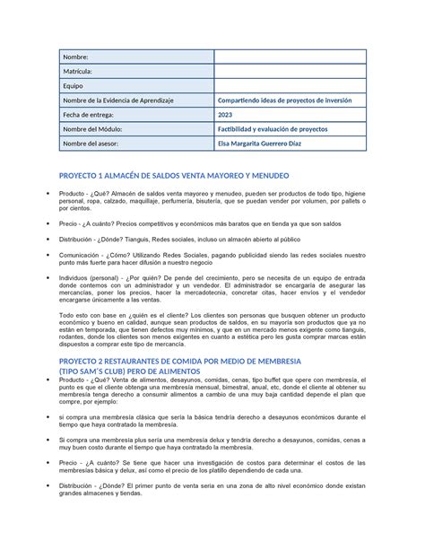 Compartiendo Ideas De Proyectos De Inversion Nombre Matr Cula