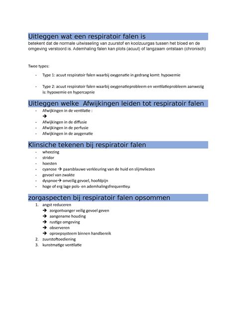 Samenvatting Zuurstof Leerdoelen Uitleggen Wat Een Respiratoir Falen