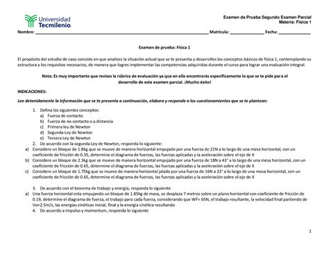 Exame De Prueba Segundo Examen Parcial Fisica 1 Examen De Prueba