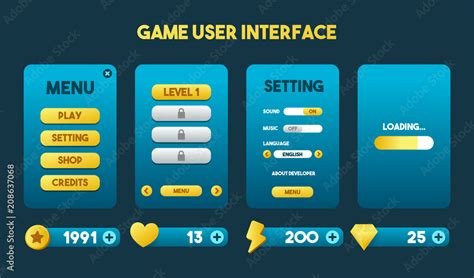 Gui Game Users Interface Design With Blue And Yellow Color Theme Menu