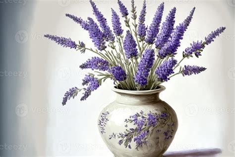 Painting of potted plant filled with lavender, white background. AI ...