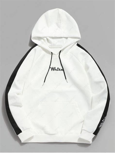 [33 Off] 2021 Contrast Embroidery White Pocket Fleece Hoodie In White