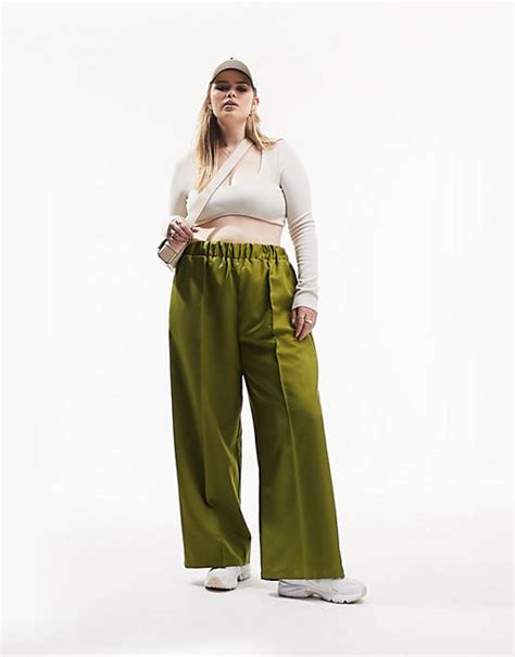 Asos Design Curve Elastic Waist Tailored Pants In Khaki Green Asos